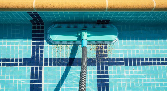 Pool cleaning brush with flexible hose removing debris from turquoise mosaic tiles, aquatic maintenance and cleanliness in outdoor swimming area