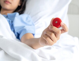 Woman lying in bed, holding a red call button. White sheets, blue shirt. Selective focus on button and hand