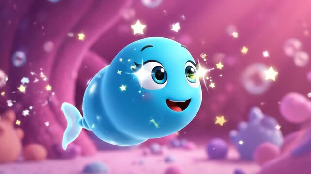 Cute blue cartoon blob character in vibrant pink underwater world