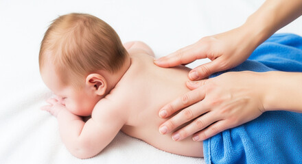 Caucasian newborn baby massage on white towel, infant wellness and parental trust in nurturing care