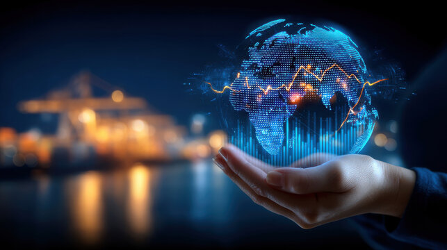 Hand holding glowing digital globe with financial data overlays and network lines conveying global trade and technology innovation, futuristic