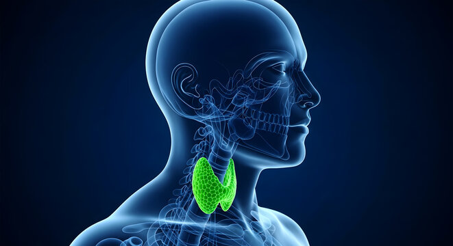Transparent human x ray showing glowing green thyroid gland in neck head x-ray