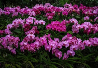 Obraz premium A stunning, close-up view of an overflowing, vibrant orchid flowerbed featuring numerous colorful blooms in a lush garden setting ,decoration ,green ,flowering