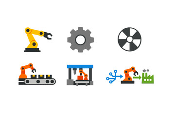 A collection of six flat industrial icons featuring robotic arms, a gear, a fan, a conveyor belt, and a factory building, illustrating automation and manufacturing processes.