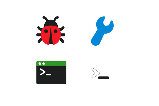 A collection of four flat icons on a black background representing software development, including a red ladybug bug icon, a blue wrench tool, and two terminal command prompt symbols.
