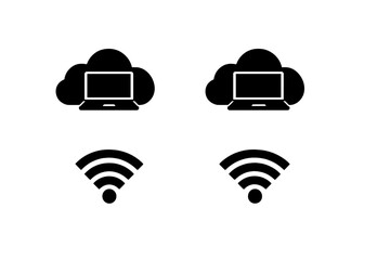 Fototapeta premium This set of four black icons includes cloud computing symbols with laptops and wireless network signal graphics. The minimalist design is suitable for digital technology concepts.