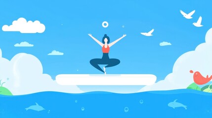 Woman doing yoga on a floating platform at sea