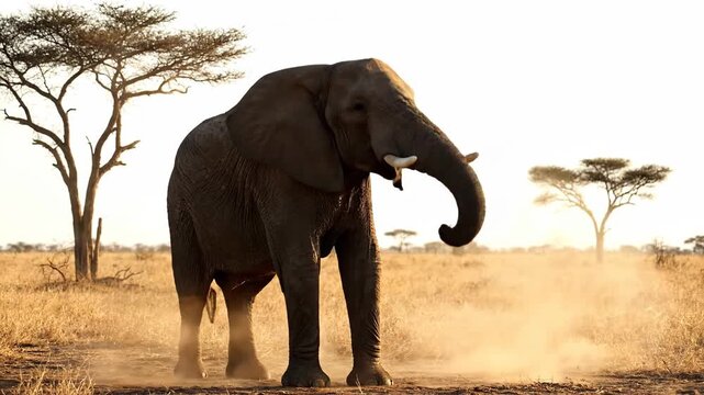 Majestic elephant walks through the African savanna with trees in golden light. Wildlife concept, adventure and travel theme.