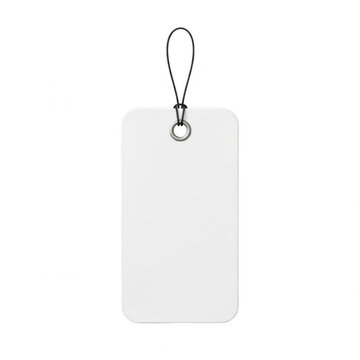 A white luggage tag with a metal ring and clip on a white background. isolated on transparent background