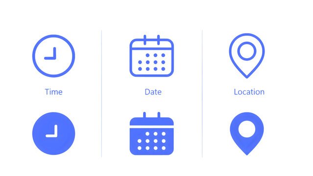 Icons representing time, calendar dates, and location markers for interface and app design.