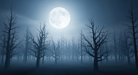 Fototapeta premium A full moon illuminates a spooky, foggy forest filled with bare trees in a muted, blue tone