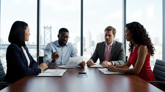Diverse team in boardroom meeting.