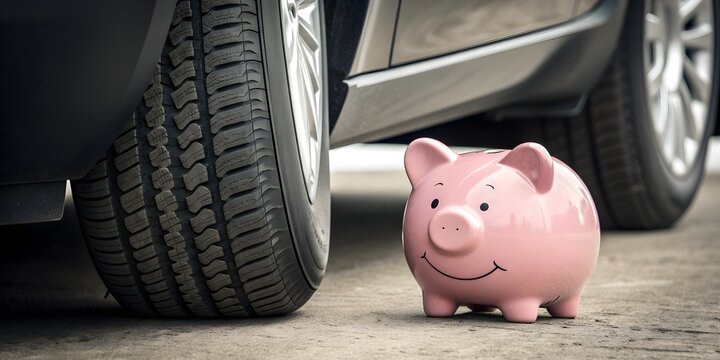 Piggy bank beside car tire representing insurance cost comparison and vehicle savings