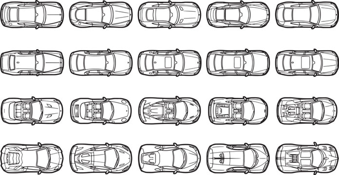 Variety of vehicles, captured in a clean, modern style, offering a visual feast for automotive enthusiasts. View from top.