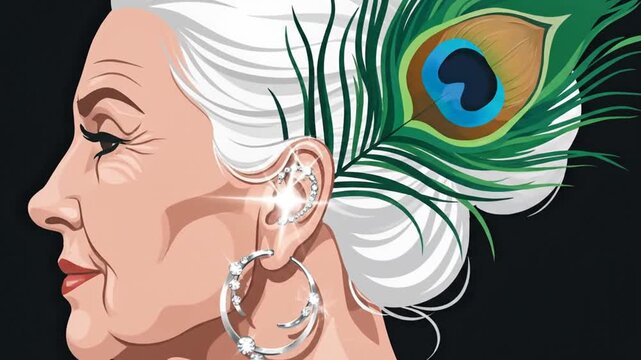 Sophisticated older woman profile with peacock feather and jewelry
