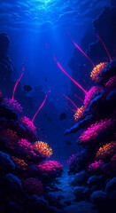 Underwater scene with pink and orange coral reef and fish, illuminated by bright light from the surface, creating a vibrant, deep-sea ecosystem