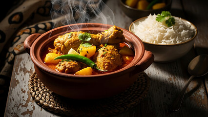 Steaming chicken curry with potatoes and rice served in a clay pot on a rustic wooden table