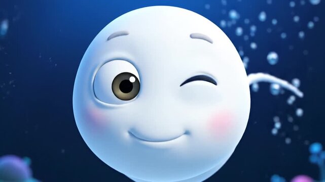 Happy cartoon sperm cell swimming in blue liquid with bubbles