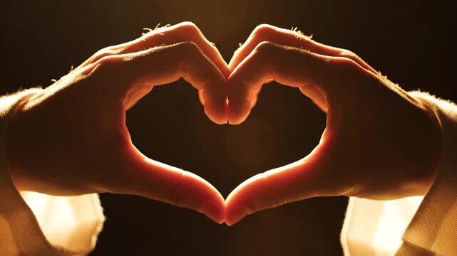 Hands forming heart shape with warm glowing light