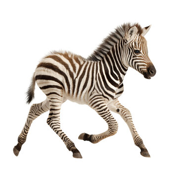 PNG of A playful zebra foal trotting joyfully across the frame, showcasing its striking black and white stripes.