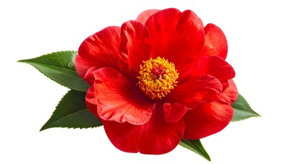 Vivid red flower with layered petals and yellow center, set against bright green leaves