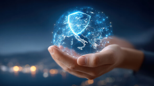 Holographic globe with digital network and shield icon held in open hand, glowing blue security and connected data visualization