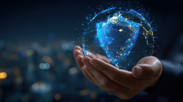 Digital globe shield hologram in hands conveying global cybersecurity and data protection with glowing network nodes and blue light