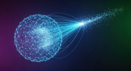 Obraz premium Global Data Network Sphere Transmitting High-Speed Fiber Optic Data Stream, Conceptualizing Big Data, AI Connectivity, and Futuristic Technology Solutions.