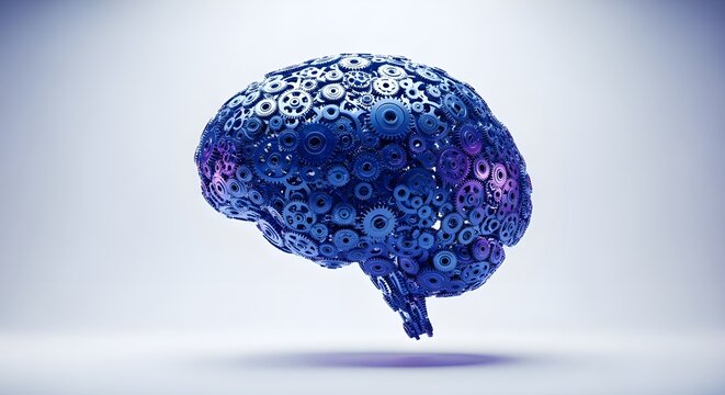 Cerebro mec&aacute;nico abstracto hecho de coloridos engranajes azules y morados que ilustran el concepto de inteligencia artificial y aprendizaje autom&aacute;tico sobre fondo blanco.
 Ai generativa
