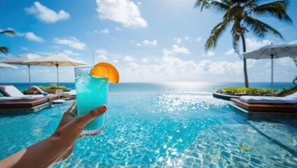 Fototapeta premium a Blue Lagoon cocktail or a similar blue, orange-flavored drink featuring Blue Curaçao liqueur