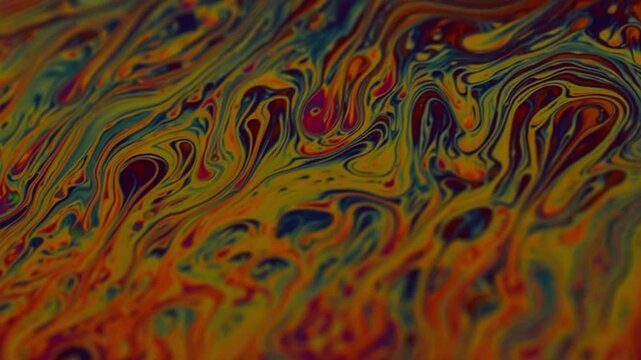 macro video of a colorful soap bubble surface with smooth flowing liquid waves and rich organic textures. Abstract natural motion background for web design, presentations, science visuals, creative