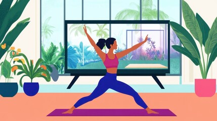 Woman doing yoga in front of a TV screen showing a tropical landscape