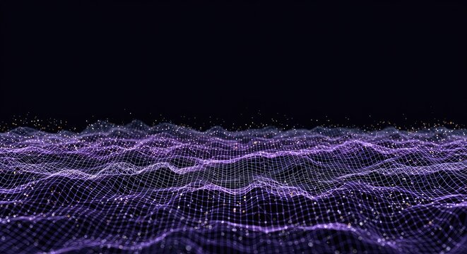 Abstract digital landscape featuring rhythmic, flowing sine waves across a complex mesh field. Ideal for futuristic technology concepts and data visualization ,frequency ,modern ,surface