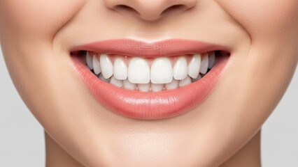 Obraz premium Woman with perfect white teeth smiling widely. Close-up on healthy mouth and bright smile. Dentistry, cosmetic dental hygiene, and wellness concept.
