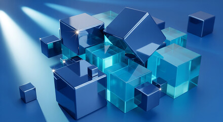 Obraz premium Abstract 3D Blue Cubes Arrangement with Light Rays for Business and Technology Concepts.