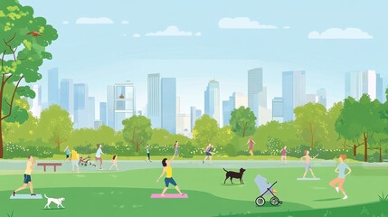 People enjoying a sunny day in a city park