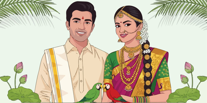 High-quality vector illustration of a traditional Indian wedding couple in ethnic attire. Perfect for Hindu wedding invitations, marriage cards, and cultural event posters.