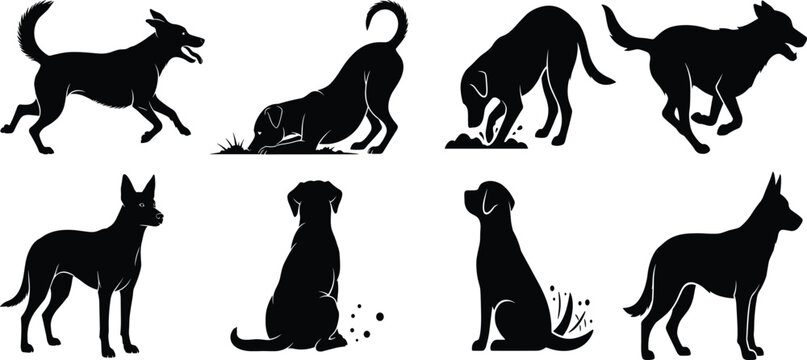 Large Black Dog Silhouette Vector Collection Featuring Various Canines Running Playing Sitting and Digging Ideal for Pet Care Branding Training Services and Veterinary Graphic Design
