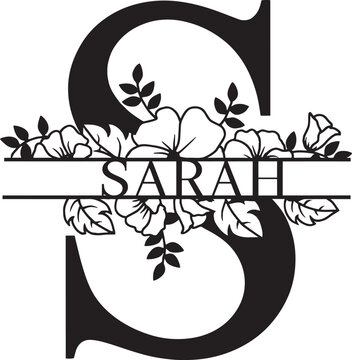 Split monogram letter s featuring hibiscus flowers and tropical leaves for customized name branding