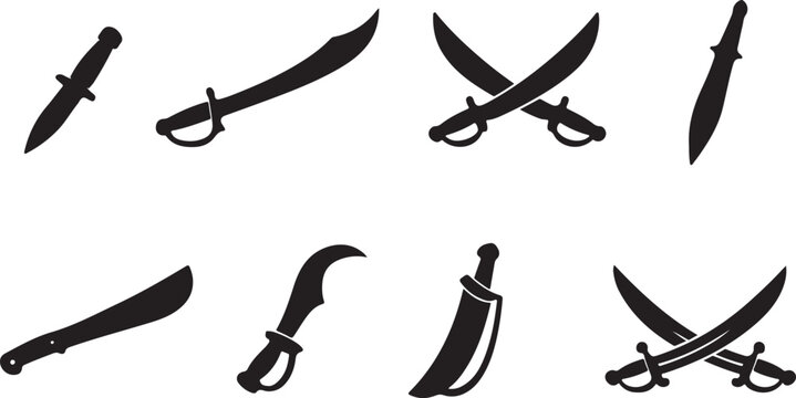 Black Vector Silhouettes of Bladed Weapons: Diverse Set of Knives, Pirate Cutlasses, Crossed Swords, and Machete Icons. Ideal for Gaming, Adventure, or Security Logos.