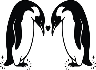 Two Emperor Penguin Silhouette Vector Design Featuring Loving Bird Couple with Heart Shape Ideal for Winter Romance Wedding Branding and Arctic Wildlife Nature Projects © Shaymal