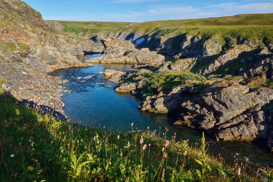 Arctic landscape, rocky canyon of a river in the tundra.