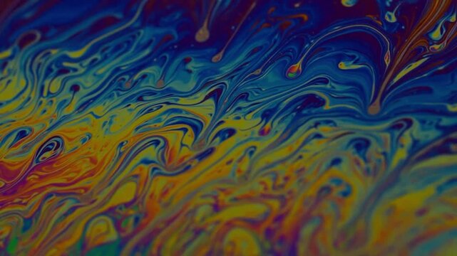 macro video of a colorful soap bubble surface with smooth flowing liquid waves and rich organic textures. Abstract natural motion background for web design, presentations, science visuals, creative