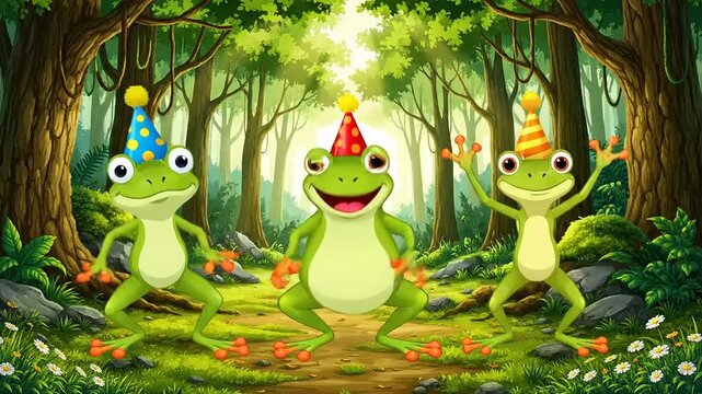 Three adorable frogs wearing party hats dancing joyfully in a vibrant green forest clearing, celebrating a festive occasion with exuberance and smiles