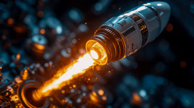 Close-up of futuristic rocket engine firing intensely with bright orange exhaust plume against dark, abstract background of bokeh lights