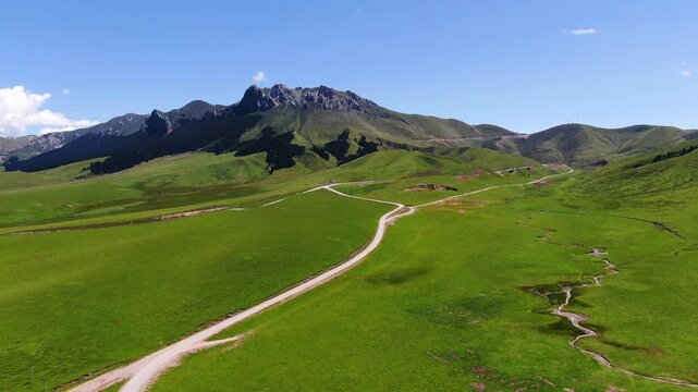 Alpine Mountain Valley with Winding Road and Green Meadows
