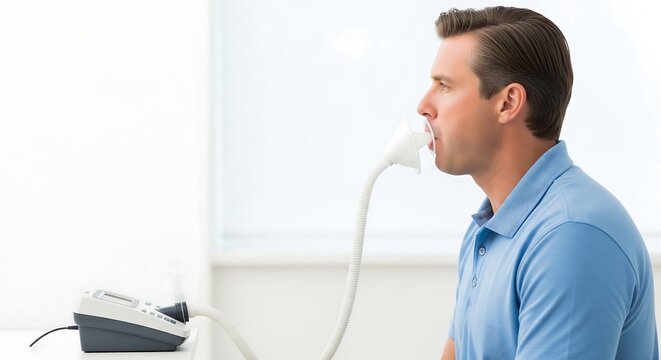 Man undergoing a pulmonary function test, breathing into a medical device for lung health assessment.