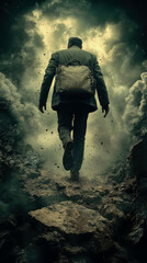 Fototapeta premium Lone man in suit with backpack walks forward through desolate, debris-filled landscape under stormy, dramatic sky, symbolizing struggle and perseverance.