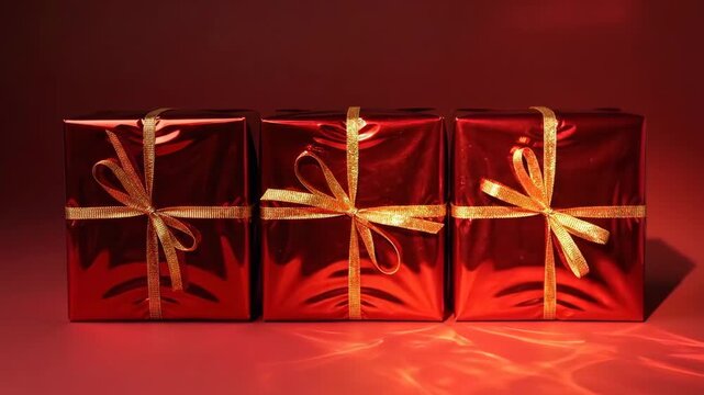 Three shiny dark red gift boxes with gold ribbons arranged in a row