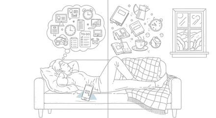 Obraz premium Vector illustration of a person lying on a couch with thoughts of technology and media, for website or presentation use, isolated on transparent background, png